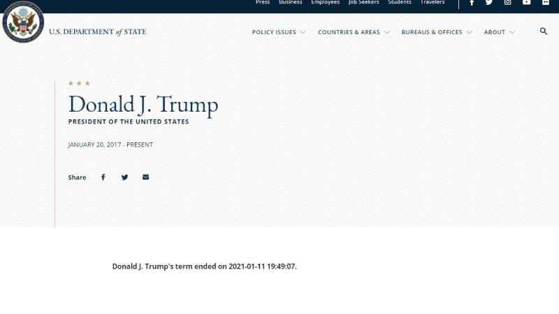 الموقع الإلكتروني للخارجية الأمريكية يعلن بشكل سابق لأوانه انتهاء ولاية ترامب